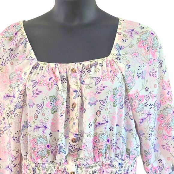 Excellent No Boundaries XXL Boho Floral Peasant Blouse 3/4 Sleeve Juniors Top - Picture 5 of 7